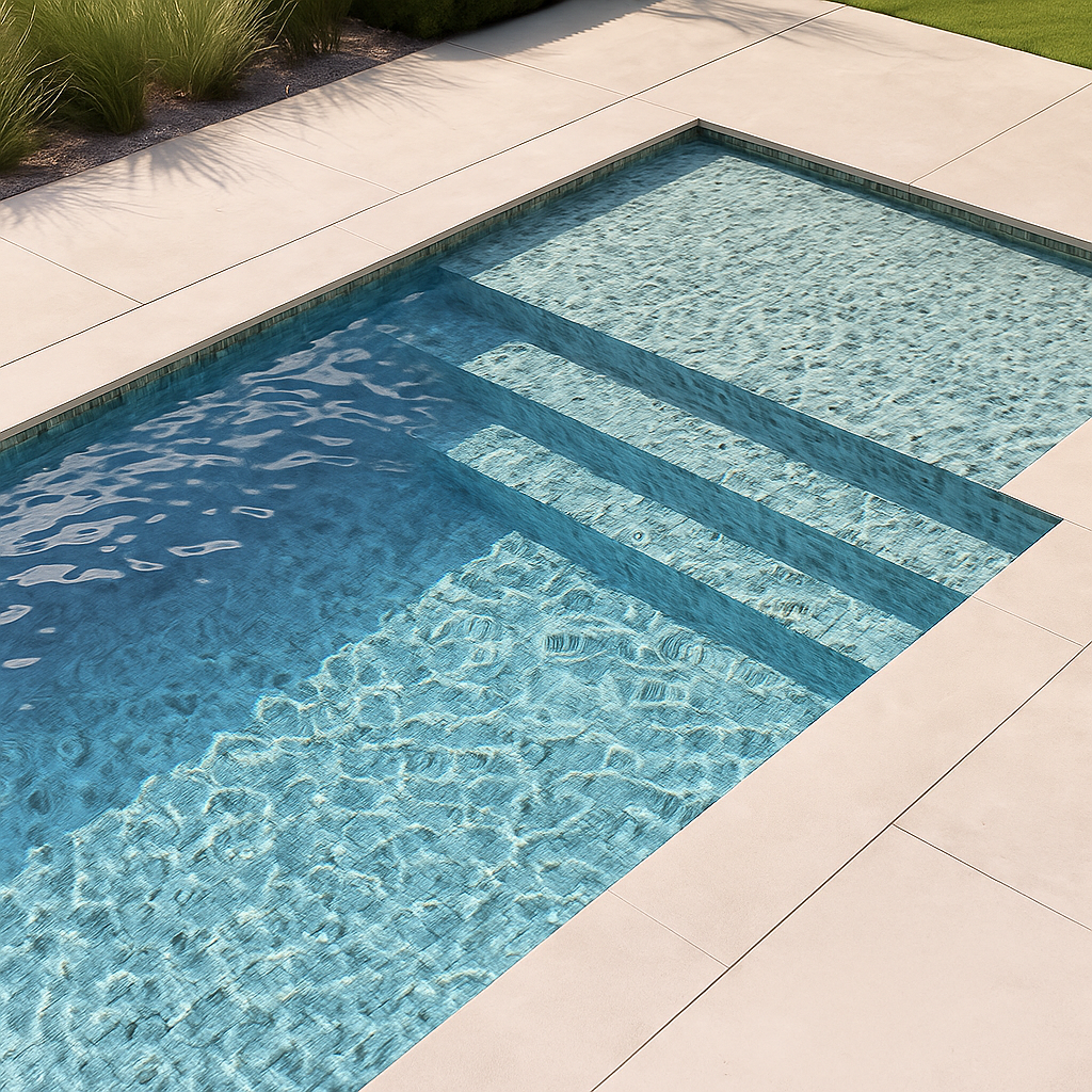Borde de piscina con porcelánico antideslizante y estético.