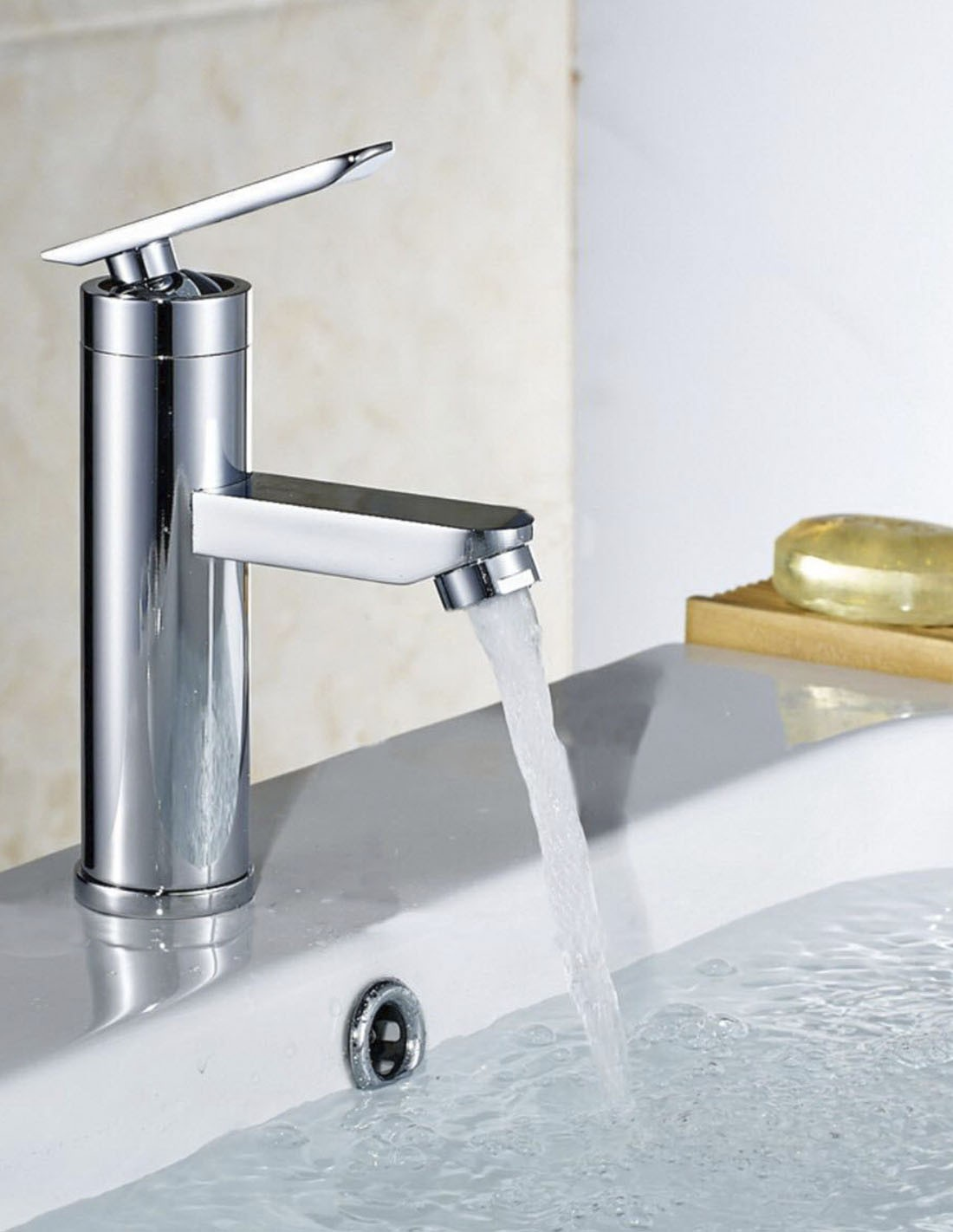 Hotel lobby with large, glossy marble-look tiles