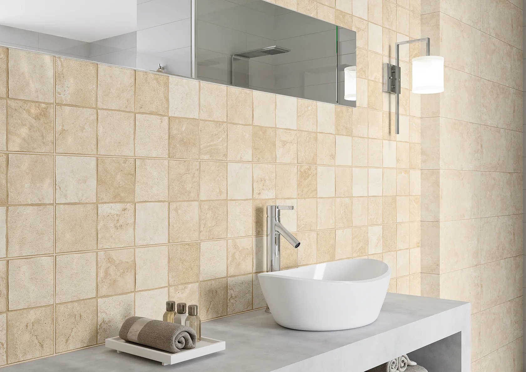 Spa interior with calming, neutral-toned porcelain tiles